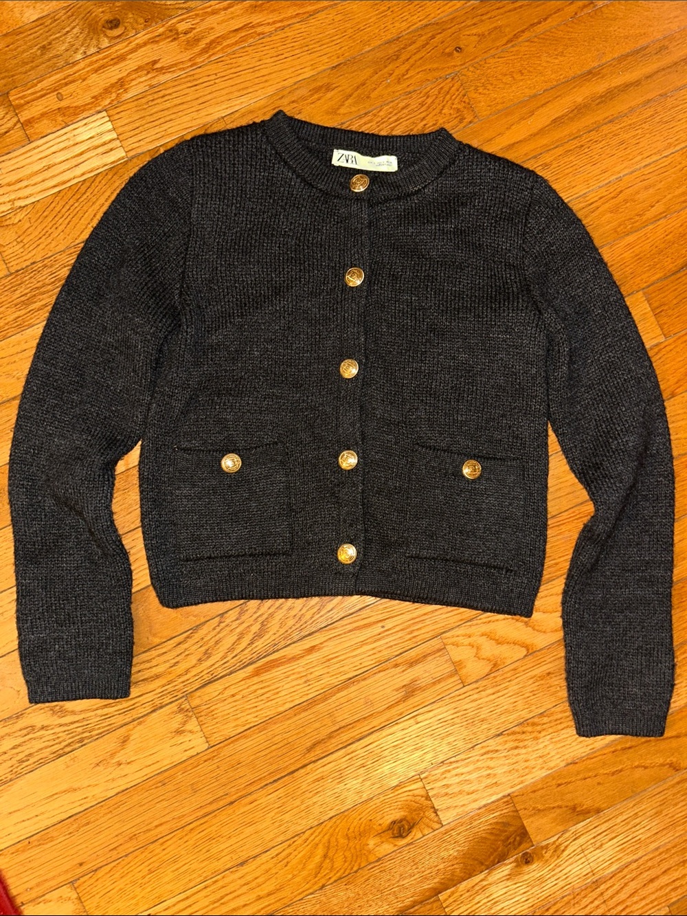 ZARA sz S dark Charcoal Button-Front Knit Cardigan with Gold Buttons